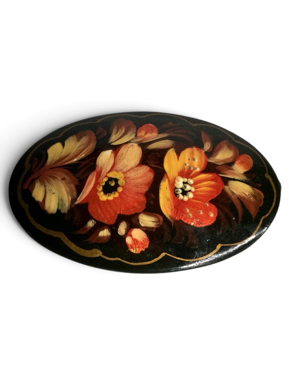 Vintage 1970s Russian Lacquer Floral Brooch Artist Signed